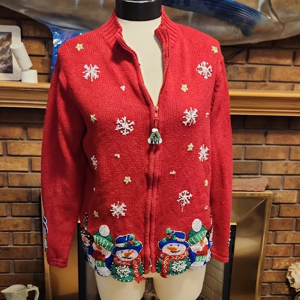 Tiara Red Knit Christmas Snowman Cardigan Sweater Size Large Vintage